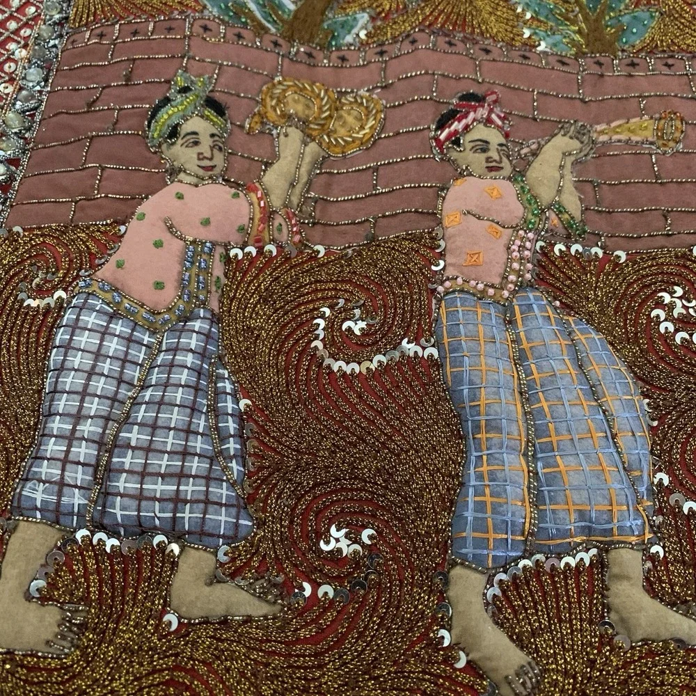 Vtg‎ Thai Burmese Kalaga Elephant Tapestry Embroidered Hand Made Beads Large